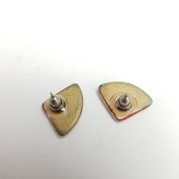 Vintage Gold Tone Triangle Shape Stud Earrings, Glazed Metallic Design, Estate - Picture 3 of 5